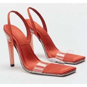 BRAND NEW Good American Satin Crystal Crush Heels SZ 10